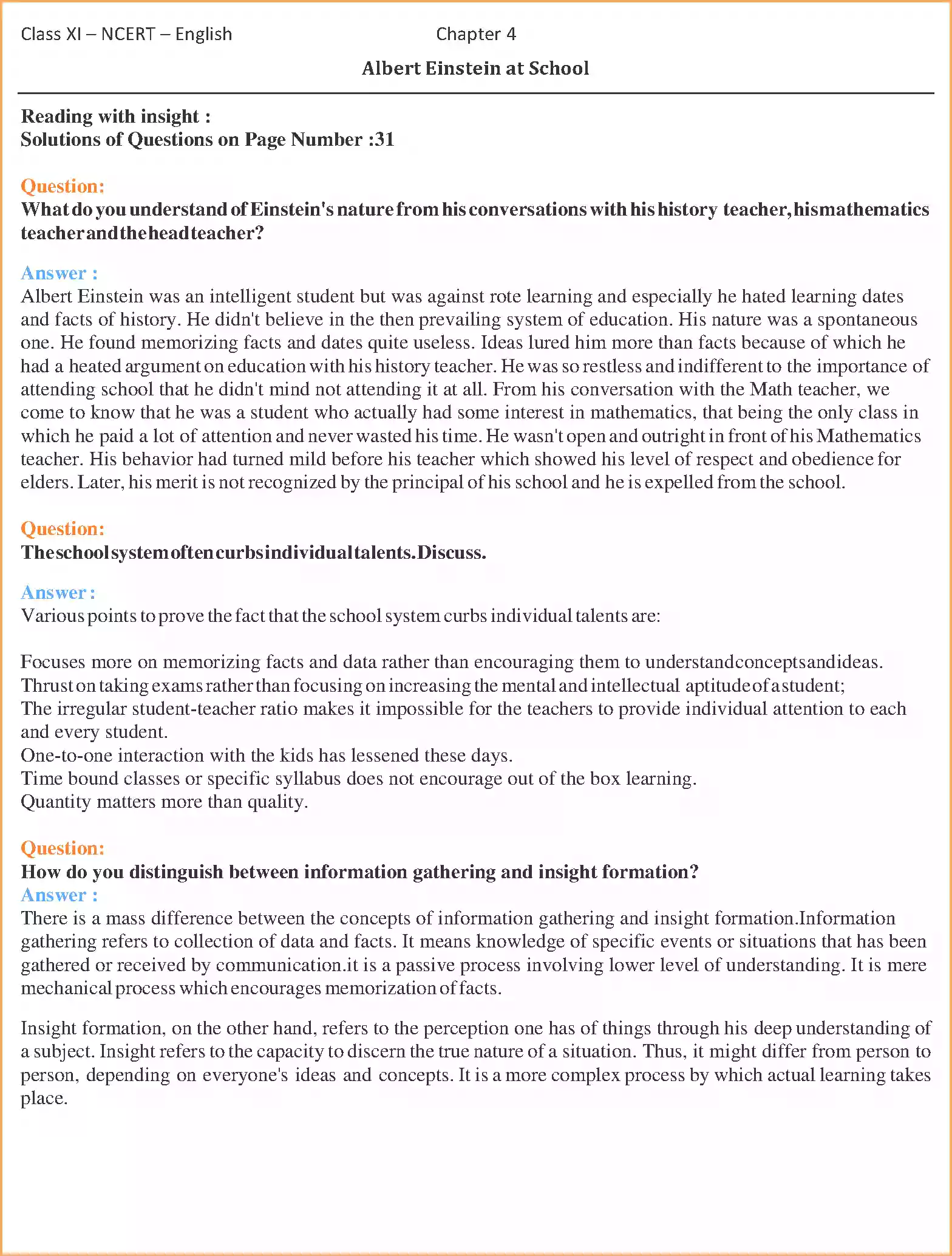 UP Board Solution 11 English 4. Albert Einstein at School Image 1