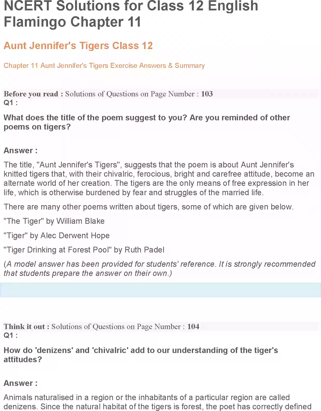 UP Board Solution 12 English 11. Aunt Jennifer’s Tigers Image 1