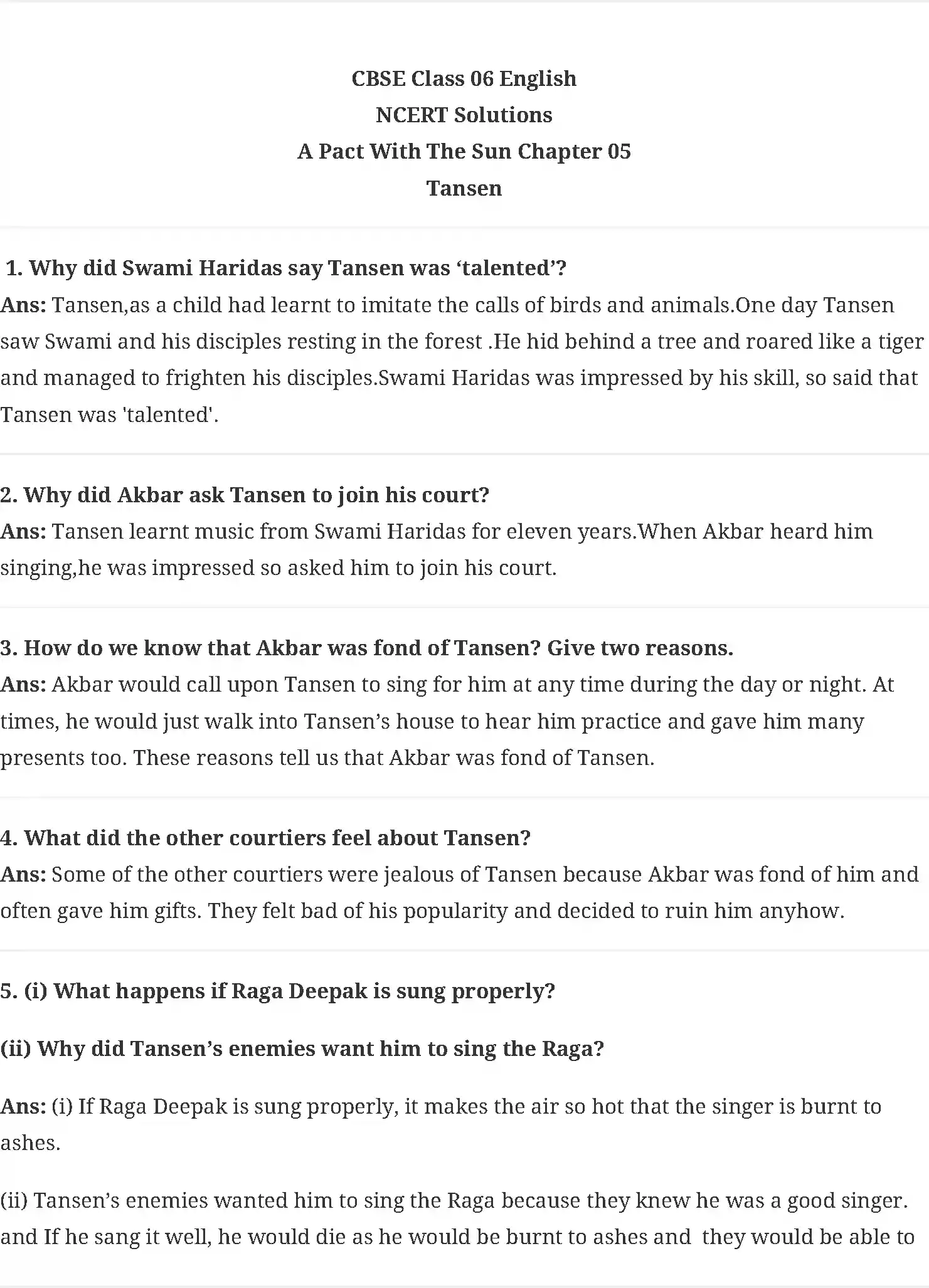 UP Board Solution 6 English 5. Tansen Image 1