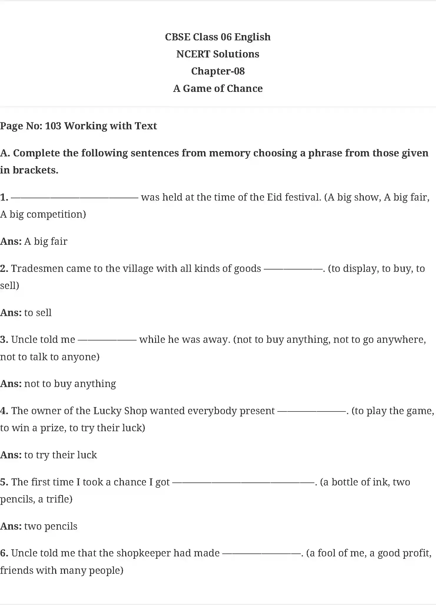UP Board Solution 6 English 8. A Game of Chance Image 1